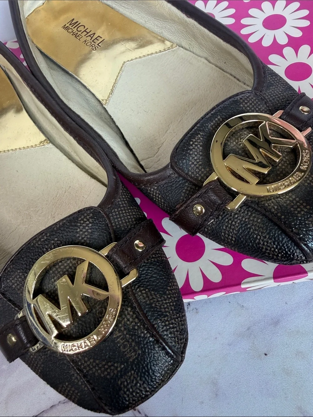 Michael‎ Kors Brown Logo-Print Ballet Flat with Gold MK Emblem